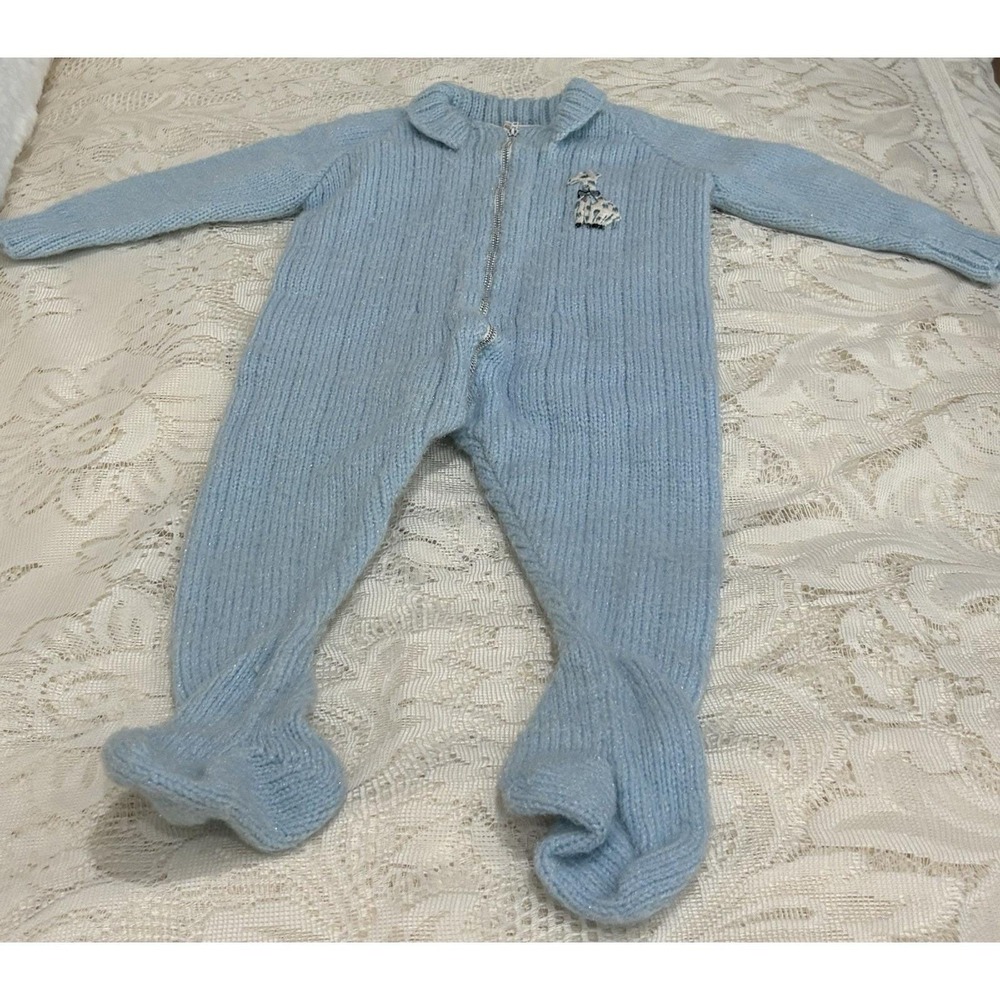 Vintage Handmade Baby Knit Footed Sleeper Romper – Blue with Giraffe